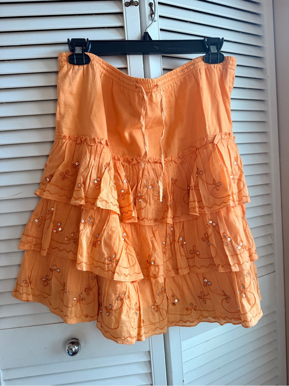 Prologue Tiered Embroidered Sequin Ruffle Skirt in Orange